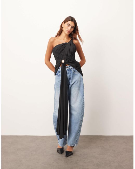 ARRANGE Black One Shoulder Drape Top With Metal Trim Detail