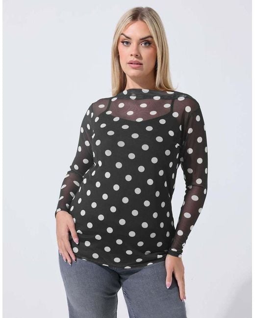 Yours Clothing Black Polka Dot Mesh Top
