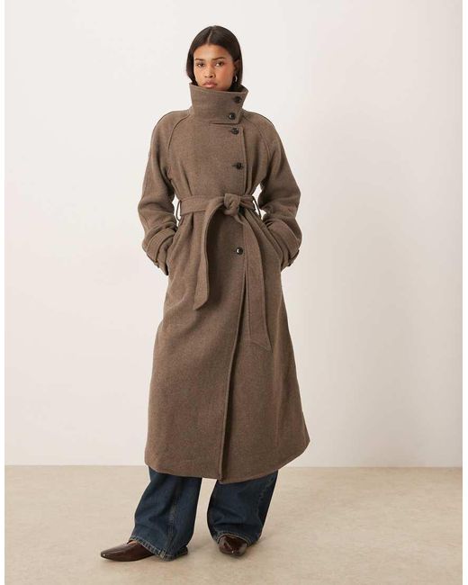 Gina Tricot Natural Wool Belted Midaxi Coat With Funnel Neck Detail