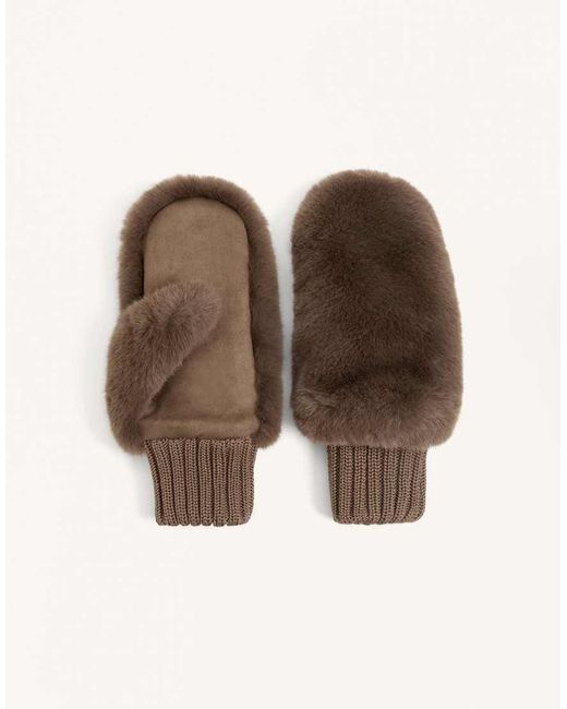 Oysho Brown Faux Fur Mittens With Elasticated Cuffs