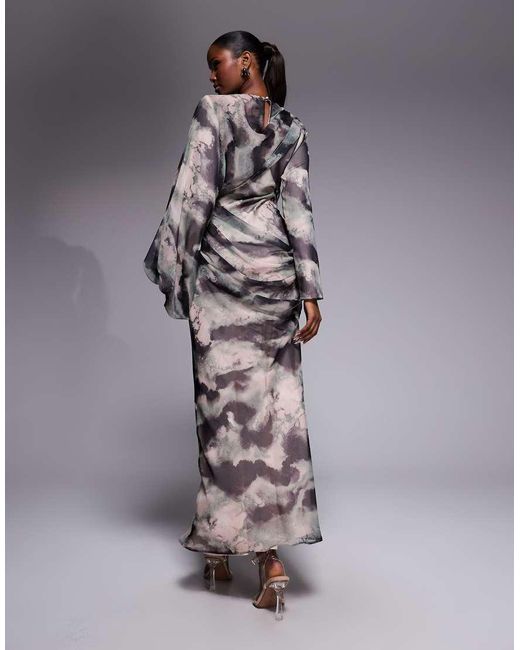 ASOS Gray Drape Front Blouson Sleeve Maxi Dress