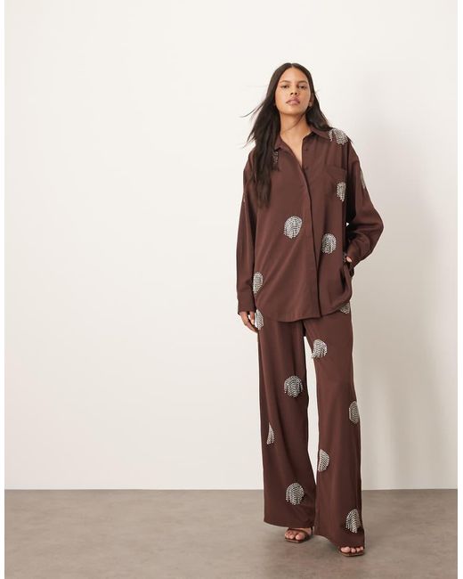 ARRANGE Brown Co-ord Embellished Diamante Fringe Spot Wide Leg Trouser