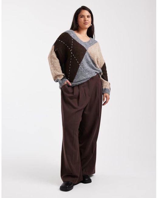 Vero Moda Gray Oversized Argyle Knitted Jumper