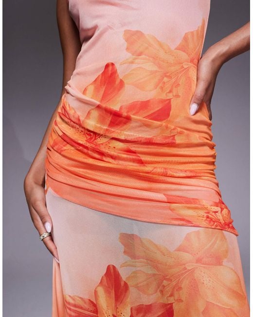 ASOS Orange – maxikleid mit one-shoulder-träger, kontrastierendem oberteil und transparentem rock mit print