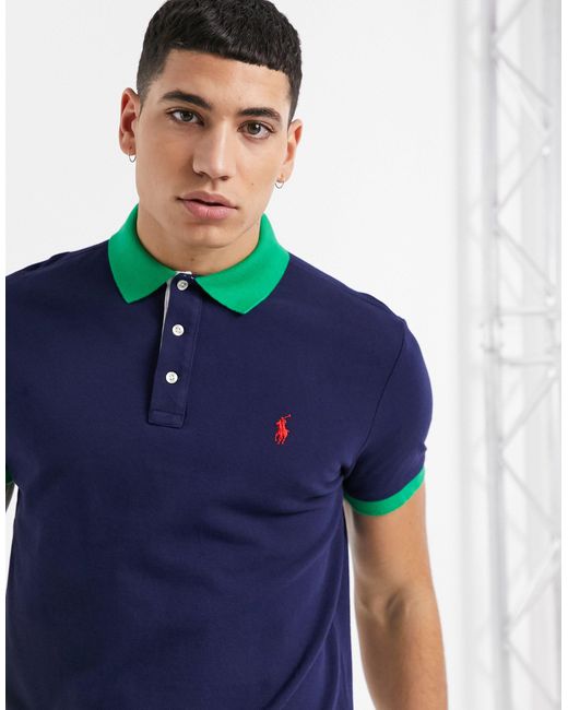 Polo Ralph Lauren Custom Regular Fit Player Logo Contrast Collar Pique Polo  in Navy (Blue) for Men | Lyst