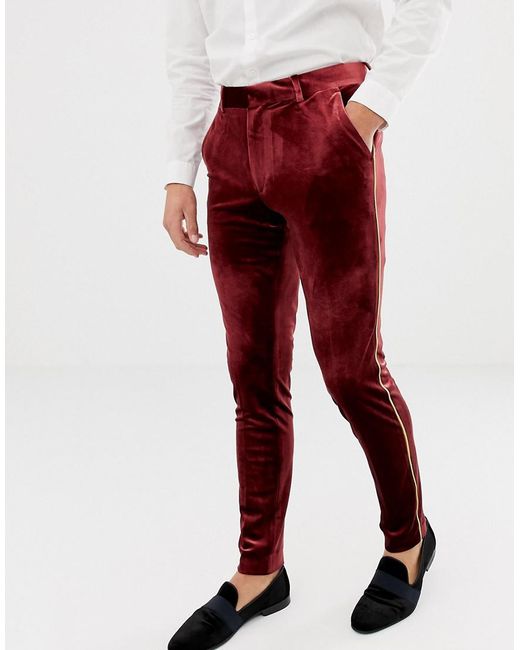 ASOS Red Super Skinny Smart Trouser In Burgundy Velvet With Gold Piping for men