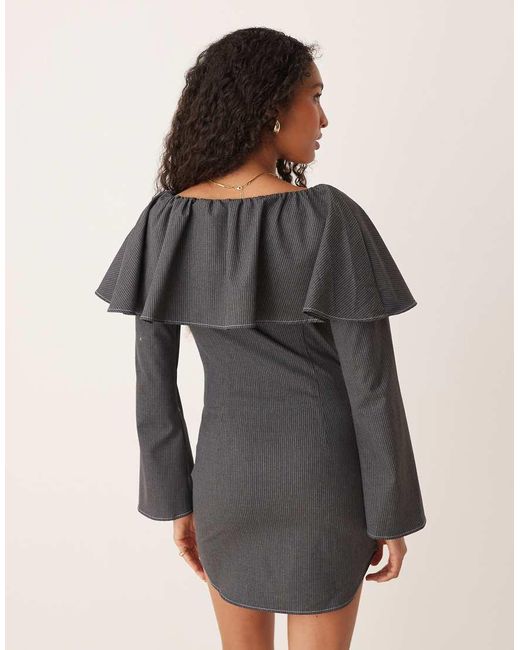 ASOS Gray Poplin Button Down Mini Dress With Ruffle Neckline