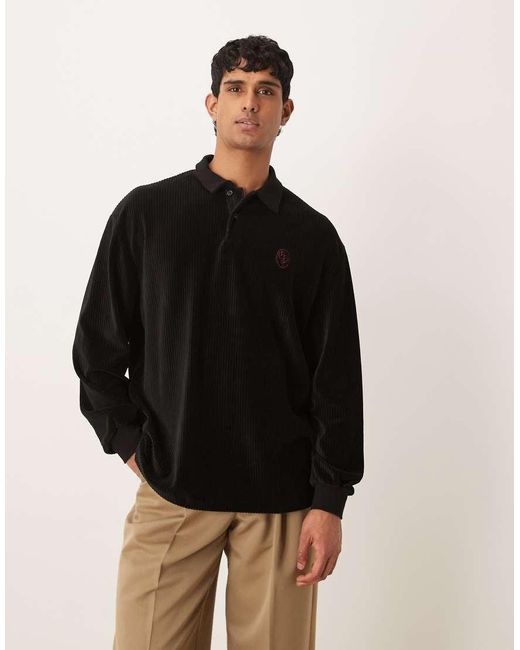 ASOS Black Heavyweight Oversized Long Sleeve Polo T-shirt With Small Chest Embroidery for men