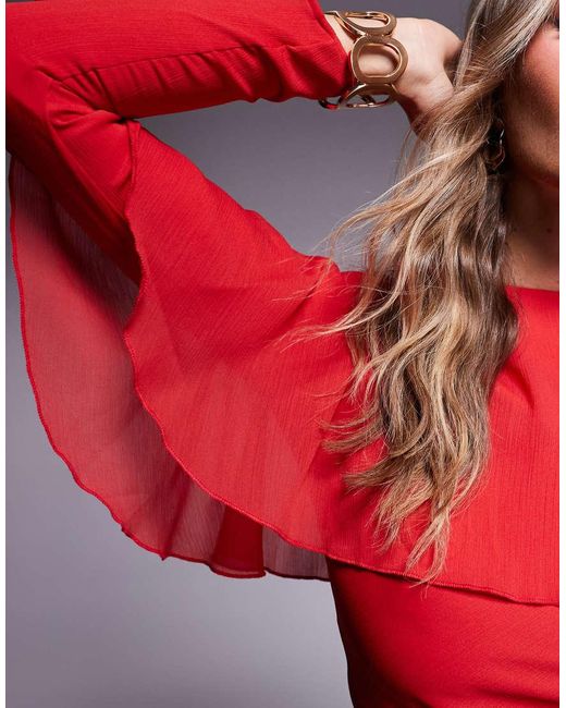ASOS Red Long Sleeve Ruffle Bias Maxi Dress With Cape Detail