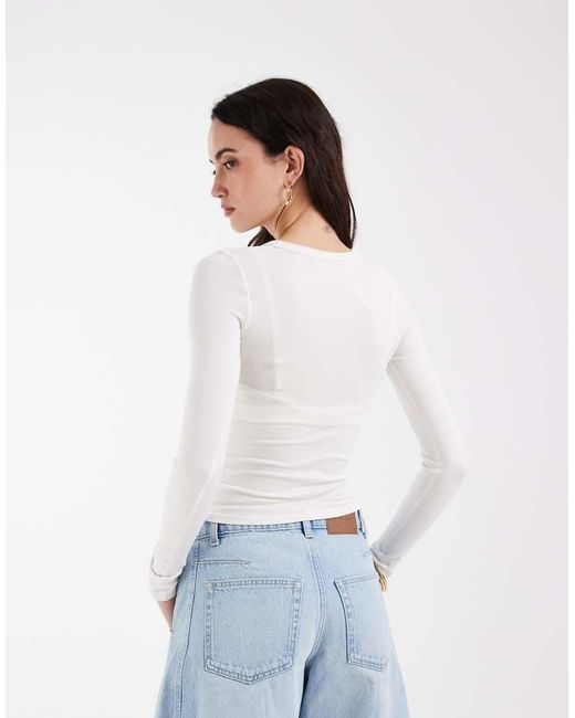 ASOS White Seamless Rib Popper Detail Long Sleeve Top