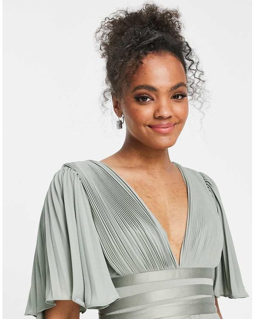 ASOS Bridesmaid Pleated Flutter Sleeve Maxi Dress With Satin Wrap Waist in Green Lyst UK