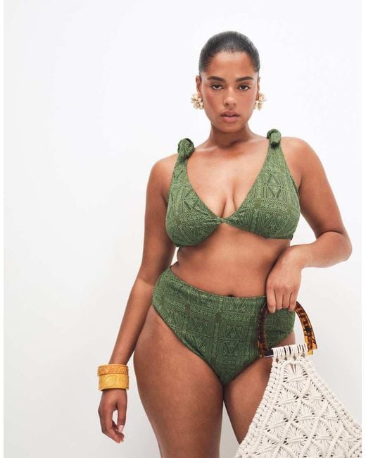 ASOS Green Asos Design Curve Kyle Broderie Twist Front Crop Bikini Top