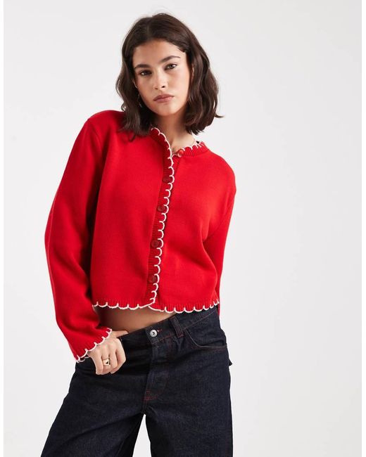 Miss Selfridge Red Blanket Stitch Cardigan