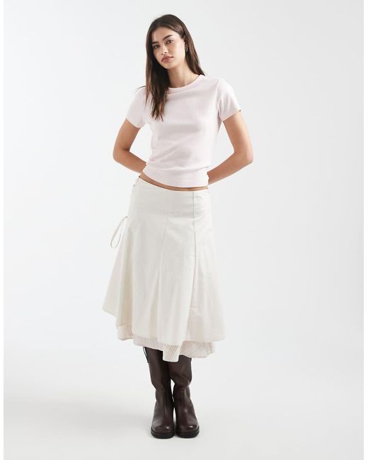 Daisy Street White Mid Rise Mixed Fabric Lace Up Detail Midi Skirt