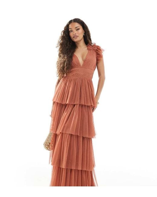 LACE & BEADS Bridesmaid Ruffle Tiered Tulle Maxi Dress