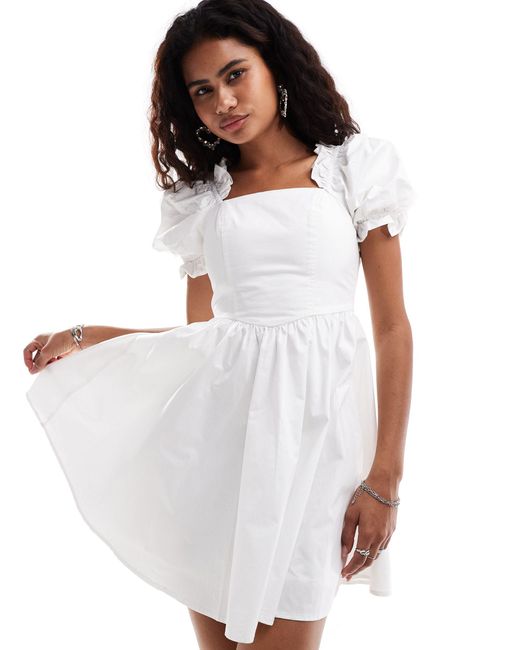 Urban Revivo White Puff Sleeve Cotton Mini Tea Dress