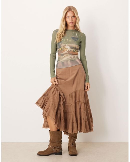 ASOS Brown Sheer Rib Printed Graphic Dinner Party Scene Top