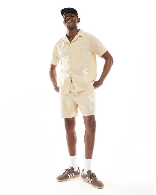 New Look Natural Crinkle Embroidered Shirt Co-Ord for men