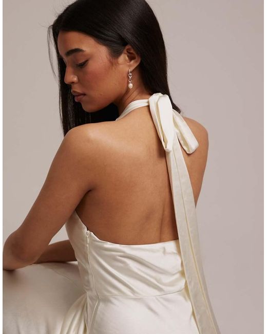 Six Stories Natural Bridesmaids Satin Plunge Neck Knot Detail Maxi Dress