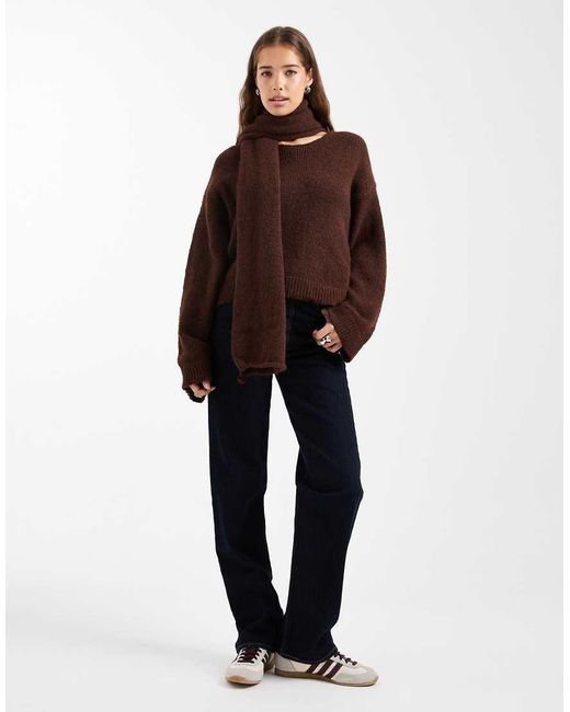 ASOS Brown Knitted Jumper With Attached Scarf With Wool