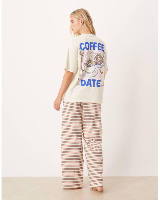 ASOS Blue Asos Design Petite Oversized Graphic Tee & Wide Leg Trouser Pyjama Set With Girly Coffee Print