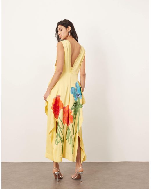 ARRANGE Natural Floral Embroidered Sleeveless Midi Dress With Side Splits