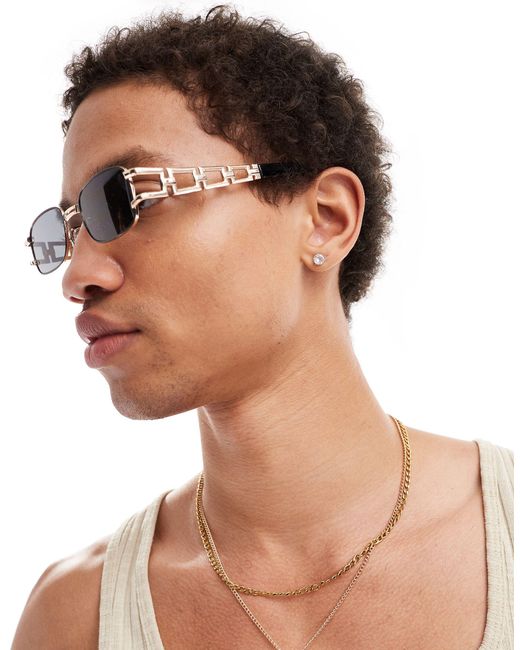 ASOS Brown Square Sunglasses With Chain Link Temple for men