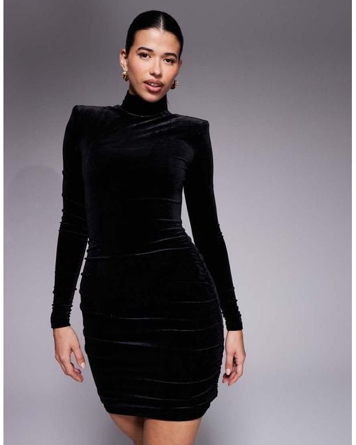 Ruched & Ready Black Upgraded You Removable Shoulder Pad Detail High Neck Long Sleeve Velvet Mini Dress
