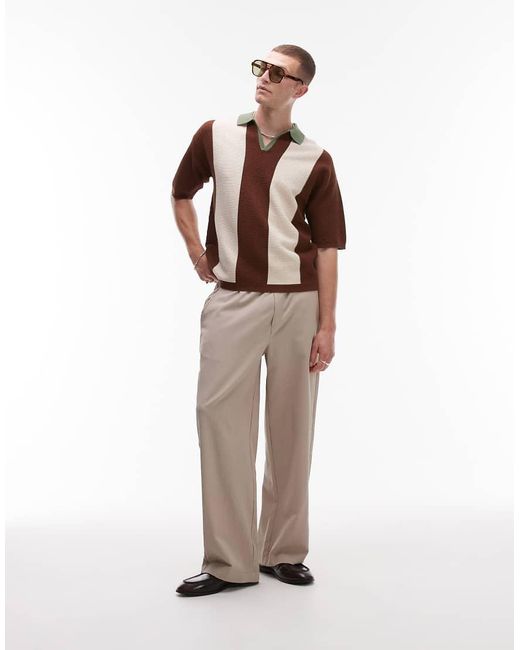 Topman Brown Colour Block Knitted Revere Polo for men
