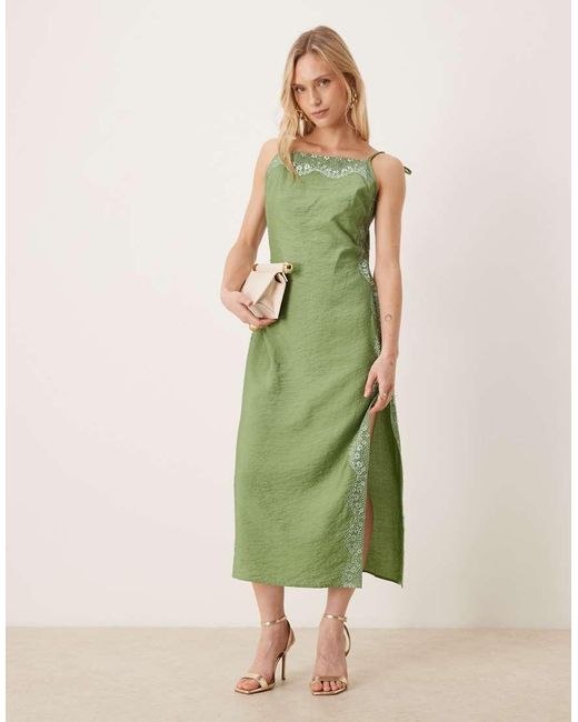 ASOS Green Asos Design Petite Cami Square Neck Crinkle Satin Lace Detail Maxi Dress