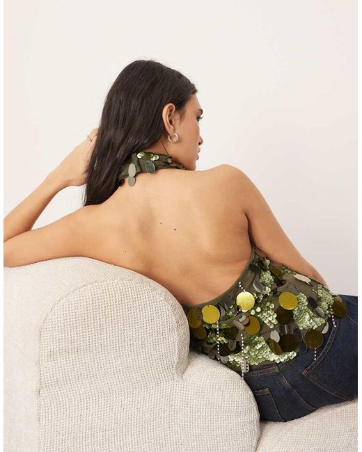 ARRANGE Top Met Halternek, Gedrapeerde Halslijn En Versiering Van Lovertjes En Franjes in het Blue