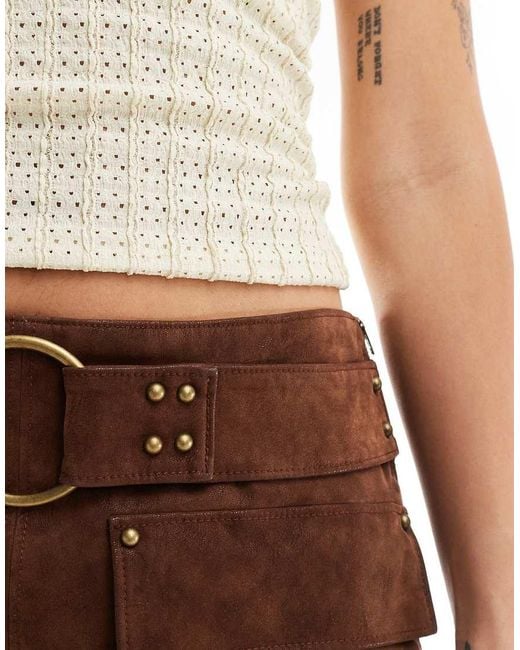 Free People Brown Studded Faux Suede Mini Skort With Buckle