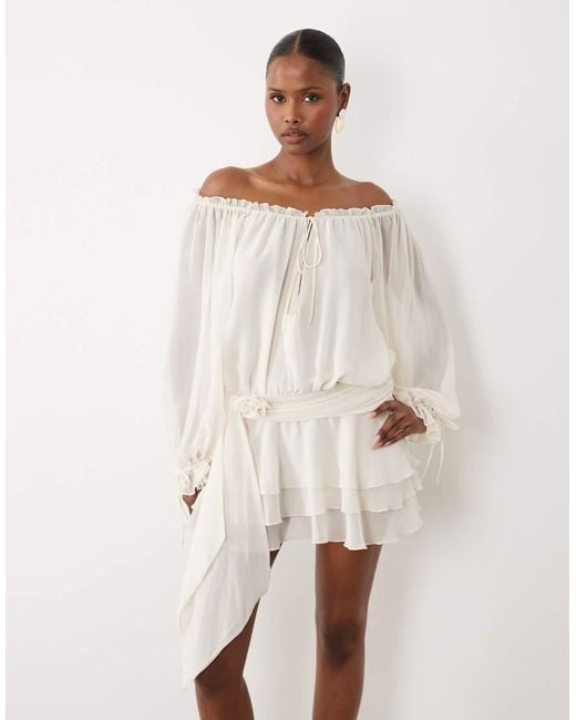 Oh Polly Natural Chiffon Off Shoulder Balloon Sleeve Layered Skirt Tie Detail Mini Dress
