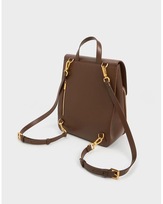 Charles & Keith Brown Octavia Front Flap Structured Backpack