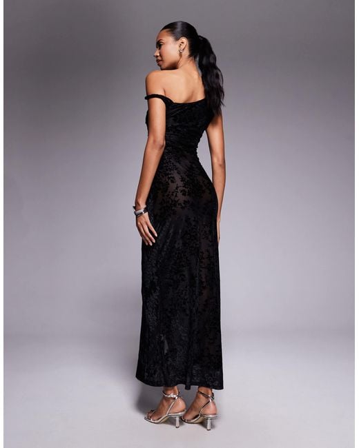 Kaiia Blue Exclusive Devore Off Shoulder Twist Maxi Dress