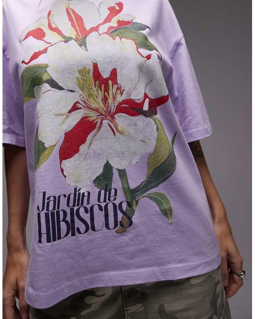 Camiseta Extragrande Con Estampado Gráfico De Flor De Hibisco De -Morado TOPSHOP de color Gray