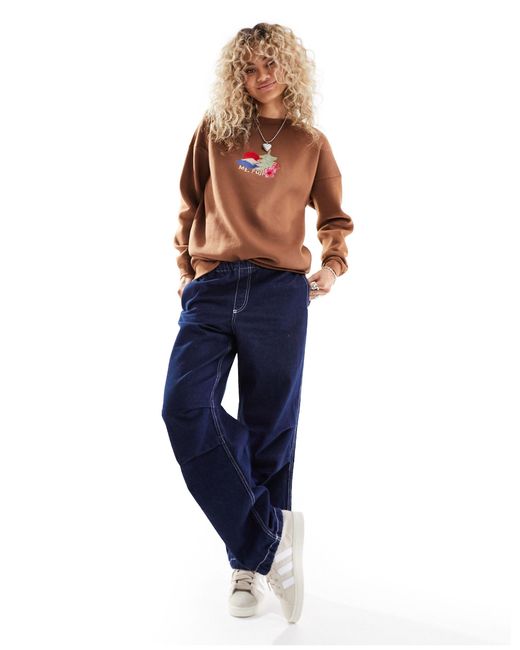 Daisy Street Brown Washed Sweatshirt With Mount Fuji Chest Embroidery