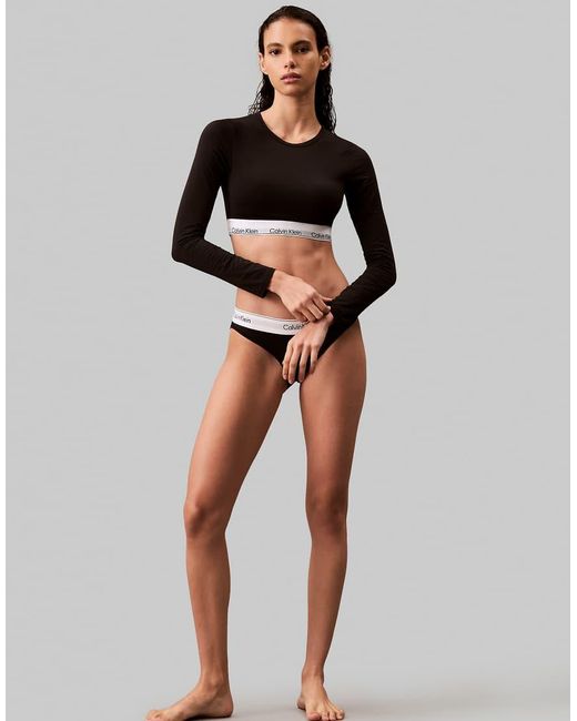 Calvin Klein Black Modern Cotton Lightly Lined Long Sleeve Crop Top With Logo Taping