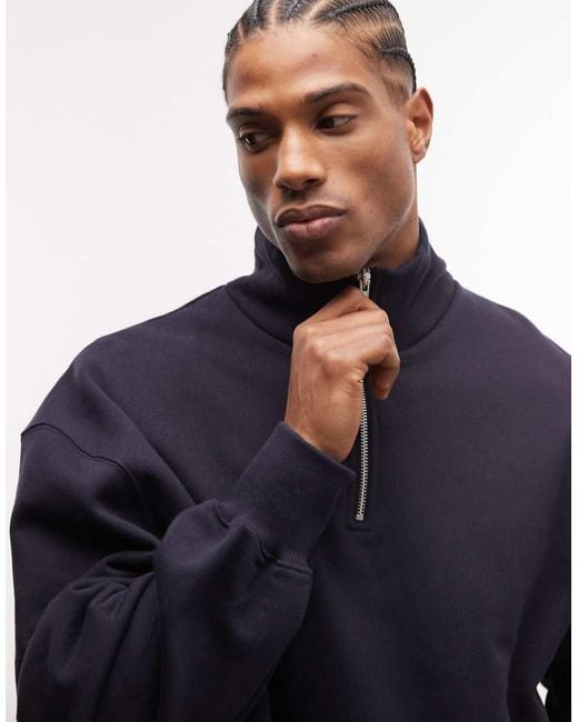 ASOS Blue Premium Heavyweight Oversized Quarter Zip Sweatshirt for men