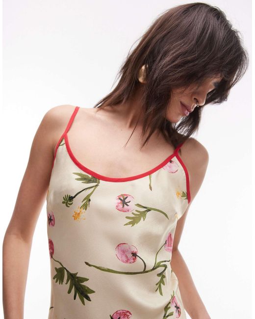 Robe nuisette courte à imprimé tomate avec encolure dégagée, bretelles et bords contrastants - et rouge TOPSHOP en coloris Natural