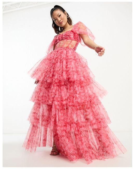 LACE & BEADS Pink Off Shoulder Tulle Corset Maxi Dress
