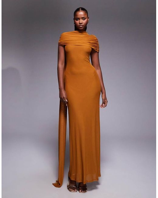 ASOS Brown Mesh Cape Detail Maxi Dress With Draped Back