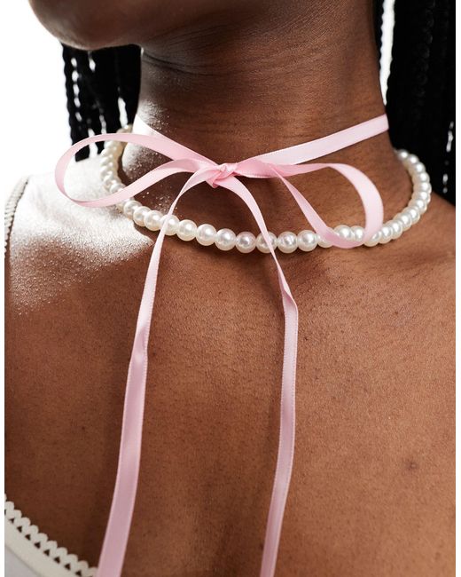Pieces White Choker Necklace With Faux Pearls And Satin Bow Detail
