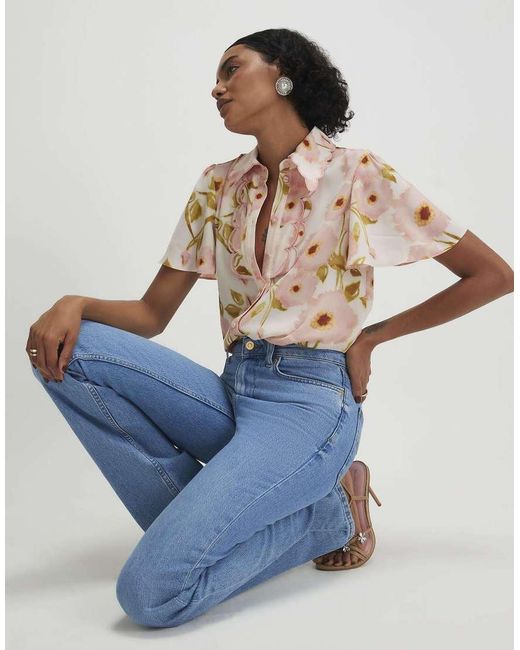 River Island Blue Floral Angel Sleeve Scallop Trim Top