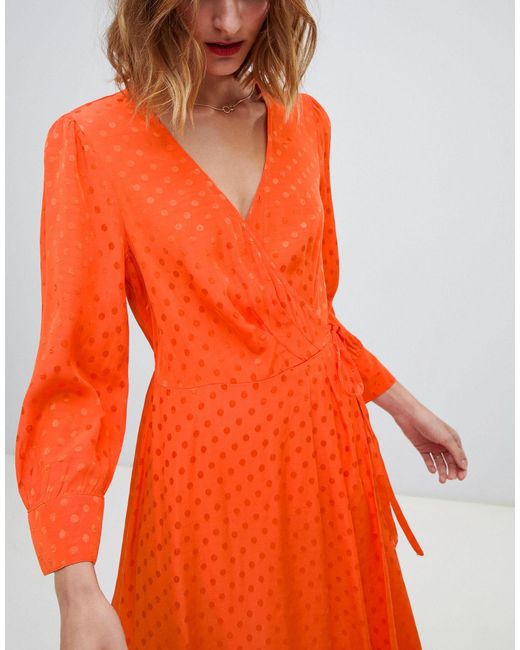 warehouse spot ruffle wrap dress