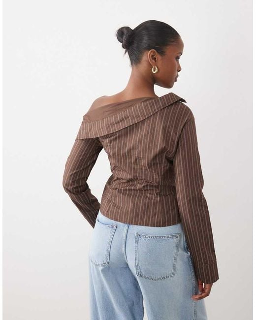The Frolic Brown Exclusive Asymmetric Off Shoulder Detail Split Front Flare Sleeve Shirt