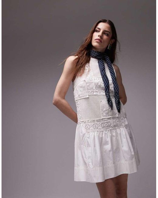TOPSHOP White Patchwork Lace Cotton Minidress