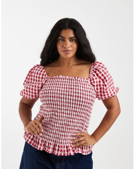 Vero Moda Red Shir Bodice Puff Sleeve Crop Top