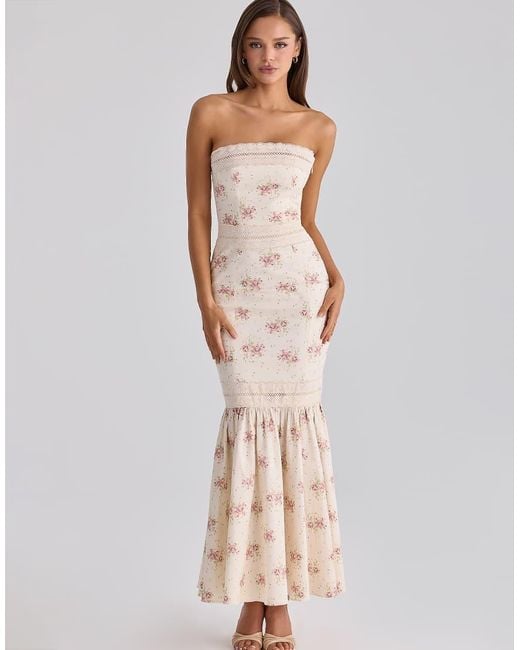 House Of Cb Natural Alessina Ivory Vintage Rose Print Cotton + Lace Maxi Dress