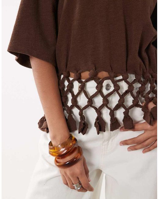 ASOS Brown Boxy T-Shirt With Macrame Hem